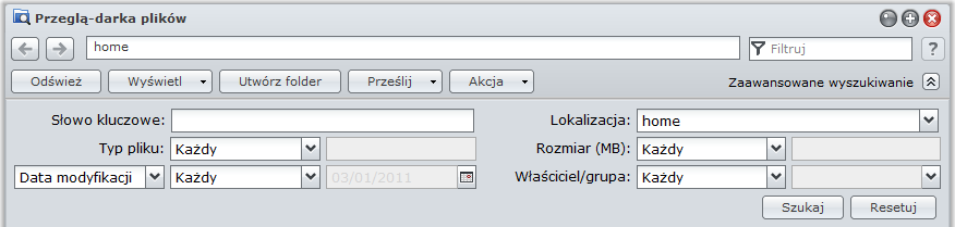 Wyszukiwanie plików i folderów Pliki lub foldery w bieżącym folderze można filtrować. Można także przeprowadzić zaawansowane wyszukiwanie w celu uzyskania bardziej precyzyjnych wyników.