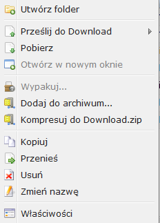 Praca w aplikacji Przeglądarka plików W menu Akcja po kliknięciu prawym przyciskiem myszy, a następnie przeciągając i upuszczając, można łatwo pobierać, kopiować, przenosić, usuwać, wypakowywać i
