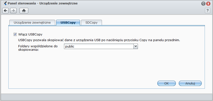 Użycie funkcji USBCopy do tworzenia kopii zapasowej danych z urządzenia USB Przycisk Kopiujumożliwia kopiowanie danych z urządzenia USB do folderu współdzielonego na stacji Synology DiskStation.