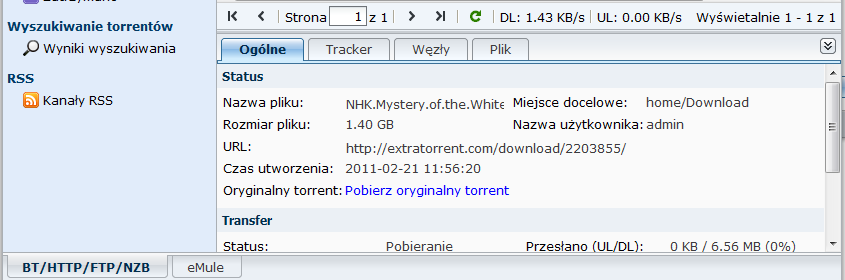 Ogólne wyświetla informacje ogólne o zadaniu pobierania.