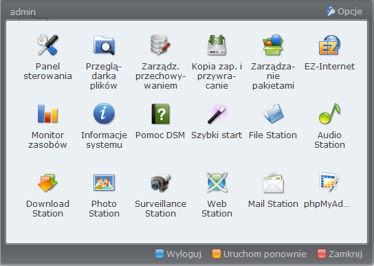 Zarządzanie systemem DSM przy użyciu Menu głównego W Menu głównym można znaleźć wszystkie aplikacje i ustawienia pochodzące z programu Synology DiskStation Manager.