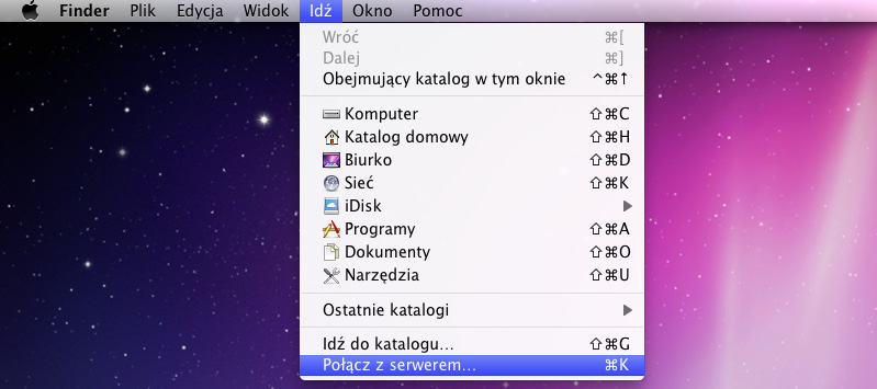 Dostęp do folderów współdzielonych z systemu Mac OS 1 Wybierz opcję Uruchom>Połącz z serwerem z paska menu. 2 Wpisz adres IP lub nazwę serwera Synology DiskStation (uzupełnioną rozszerzeniem.