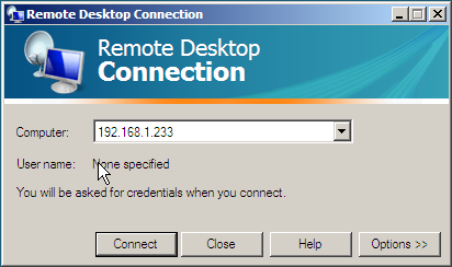 W systemie Windows uruchamiamy program Remote Desktop Connection (z