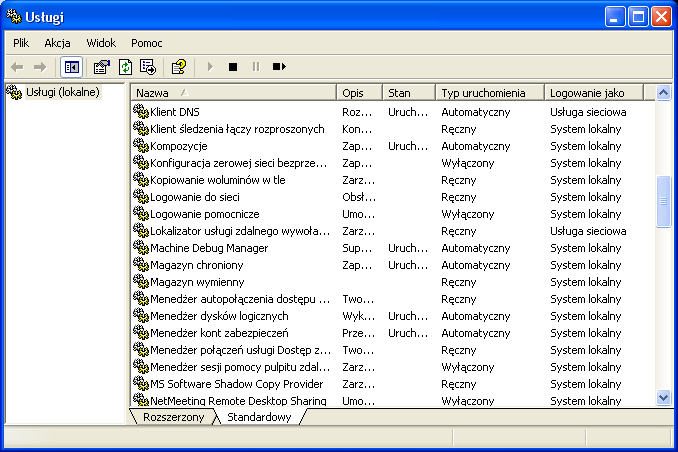 USŁUGI W SYSTEMIE WINDOWS XP W systemie Windows istnieją aplikacje, które pracują w tle. Nie trzeba ich też instalowad, sa one domyślnie w systemie operacyjnym.