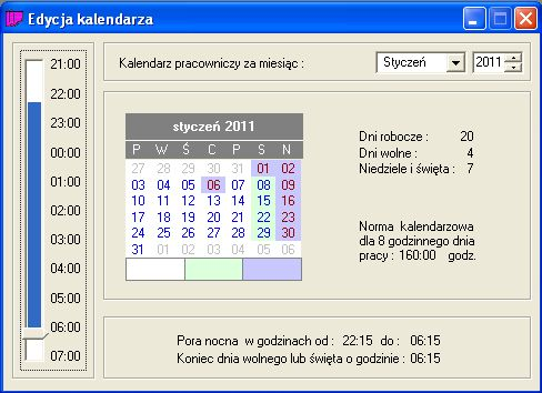 2.3 NOWE FUNKCJE I RAPORTY PROGRAMU Wersja 1.10 została wzbogacona o nowe funkcje. Dodano także nowe raporty. 2.3.1 Edycja kalendarza ogólnego Umożliwiono ustawianie pory nocnej od 21:00 do 23:00 co 15 minut.