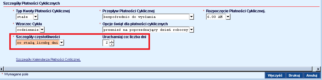 9 Gdy Użytkownik kliknie w odnośnik Szczegóły Kalendarza Płatności Cyklicznej pojawi się okno z listą Płatności Cyklicznych zaplanowanych zgodnie z wybraną częstotliwością.