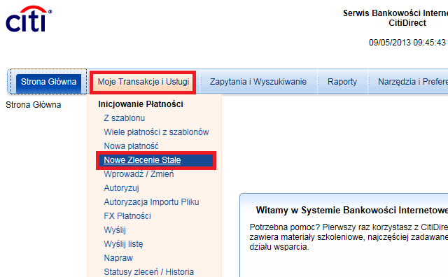 3. Wprowadzanie Stałych Zleceń 4 Po udostępnieniu rozwiązania na Państwa profilu w CitiDirect, zlecenia stałe mogą być inicjowane postępując zgodnie z poniższą instrukcją. 3.