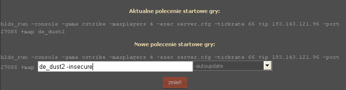 Edycja polecenia startowego Edycja komendy startowej gry znajduje się w zakładce Konfiguracja. Przykładowo dla gry Counter-Strike 1.