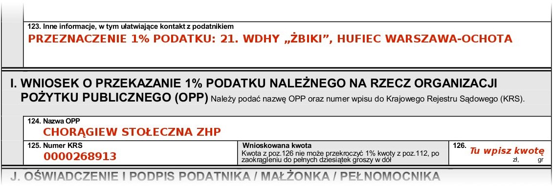 2. Sponsoring 1% podatku dochodowego na rzecz drużyny Wobec tego, że ZHP i Chorągiew Stołeczna ZHP ma status organizacji pożytku publicznego, każdy ma możliwość przekazania 1% swojego podatku