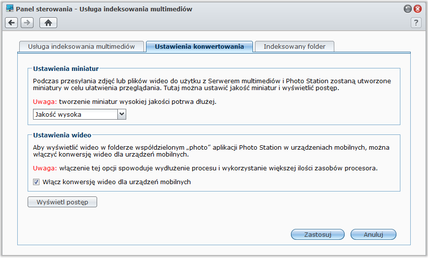 Konfiguracja ustawień miniatur i wideo Synology DiskStation Przewodnik użytkownika Przejdź do pozycji Menu główne > Panel sterowania > Usługa indeksowania multimediów, aby ustawić jakość miniatur i