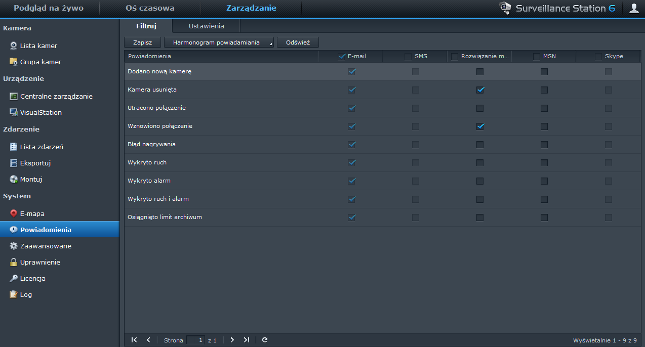 Zarządzanie ustawieniami powiadomień Synology DiskStation Przewodnik użytkownika Na karcie Zarządzanie przejdź do pozycji System > Powiadomienia, aby aplikacja Surveillance Station przesyłała