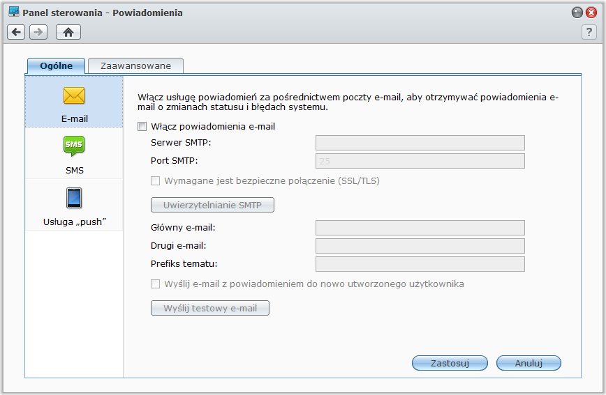 Odbieranie powiadomień o zdarzeniach Synology DiskStation Przewodnik użytkownika Przejdź do pozycji Menu główne > Panel sterowania > Powiadomienia i skonfiguruj serwer Synology DiskStation tak, aby