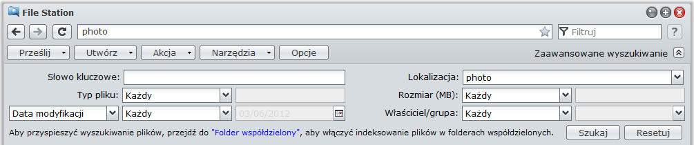 Wyszukiwanie plików i folderów Synology DiskStation Przewodnik użytkownika Pliki lub foldery w bieżącym folderze można filtrować.