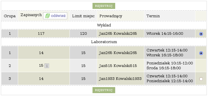 6.1.2 Wybór grupy zajęciowej Po wybraniu ikony, w przypadku przedmiotów, w ramach których istnieje tylko jedna możliwość wyboru grup zajęciowych, zostaniesz od razu zarejestrowany na przedmiot.