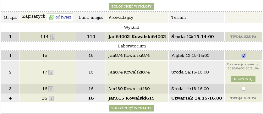 Po zrealizowaniu jednego ogłoszenia, prośby dotyczące zapisu do pozostałych pozostałych grup tego samego typu zajęć w obrębie wybranego przedmiotu są wycofywane z systemu.