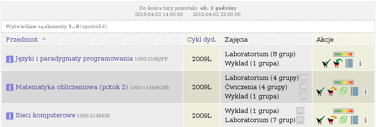 Rysunek 32: Przedmioty biorące udział w zapisach do grup Na stronie zapisów wyświetlona jest lista przedmiotów biorących udział w rejestracji, na które jesteś zarejestrowany (rysunek 32).