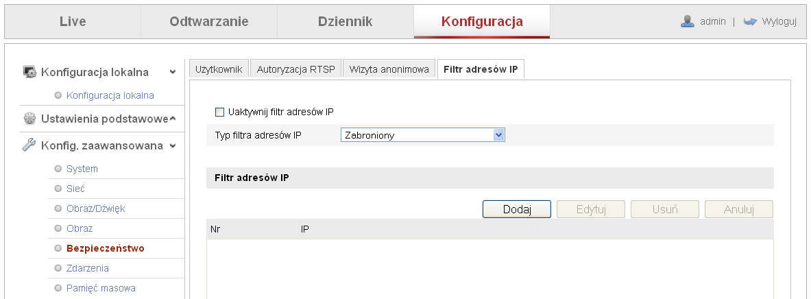 5.3.5.2 Autoryzacja RTSP Zakładka umożliwia aktywację konieczności potwierdzenia uzyskiwaniu podglądu z kamer za pomocą protokołu RTSP. 5.3.5.3 autentyczności przy Wizyta anonimowa Zakładka umożliwia włączenie zezwolenia na logowanie do kamery bez podania loginu i hasła użytkownika.