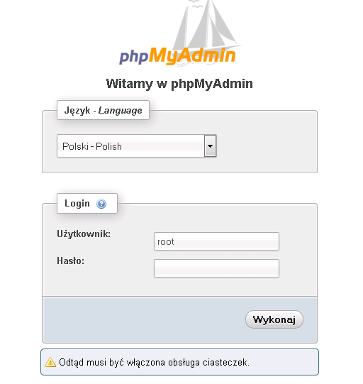 d) Sprawdzamy poprawność instalacji wpisując w przeglądarce http:\\localhost\phpmyadmin\index.