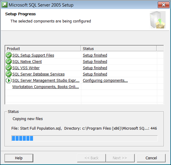 Instalacja i konfiguracja Microsoft SQL Server 2005 Express Edition 10/14 27. Kliknij przycisk Install. W oknie Setup Progress możesz obserwować postęp instalacji.