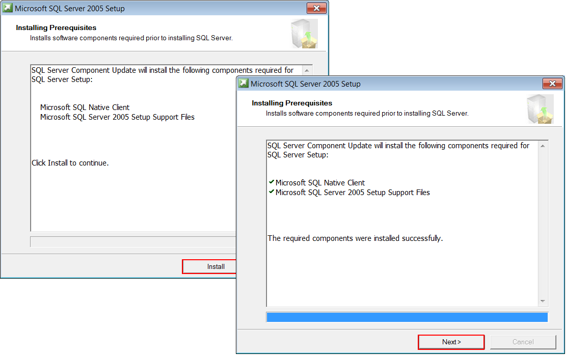 Instalacja i konfiguracja Microsoft SQL Server 2005 Express Edition 4/14 Bezpośrednio po uruchomieniu, instalator sprawdza, czy zainstalowane są wymagane komponenty.