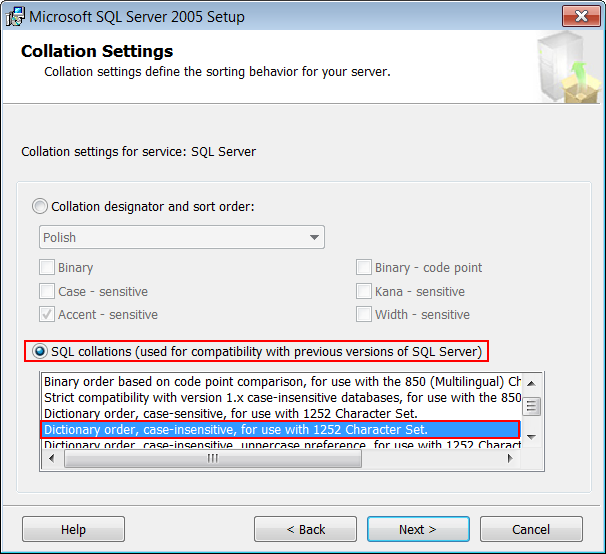 Instalacja i konfiguracja Microsoft SQL Server 2005 Express Edition 8/14 W polach Enter password i Confirm password wprowadź hasło Vulc@n1 dla wbudowanego w program konta administratora serwera