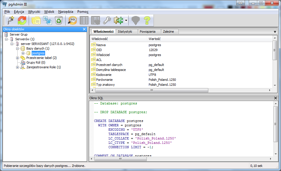 Serwisowa DB: postgres Użytkownik: postgres Hasło: postgres (podawane podczas instalacji PostgreSQL) Zaznaczyć Pamiętać hasło 4.