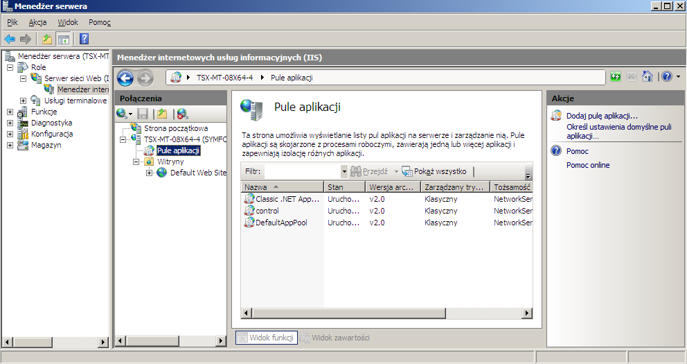 vbs SET W3SVC/AppPools/<nazwa_puli>/Enable32bitAppOnWin64 True co spowoduje zmianę trybu na 32 bit dla puli o nazwie <nazwa_puli>. Aby zainstalować wersję programu ASP.NET 2.