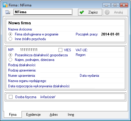 Zakładanie nowej firmy Sage Symfonia Start Mała Księgowość 4 Rys. 7 Okno Firma z panelem Firma. Nazwa pełna W tym polu widoczna jest pełna nazwa firmy, podana podczas zakładania grupy firm.