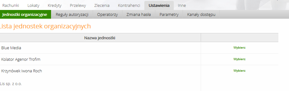 Weryfikacja reguł autoryzacji dla wybranego rachunku (menu Ustawienia Reguły autoryzacji ); Zarządzanie kontami użytkowników Serwisu (menu Ustawienia Operatorzy ); Zmiana hasła dostępu do Serwisu