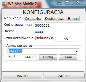 Replikuj rozpoczyna replikację Rozłącz rozłącza urządzenie z telefonem (w przypadku połączenia GPRS) Jeśli uzyskamy komunikat replikacja zakończona poprawnie - system WF-Mag Mobile 2 został poprawnie