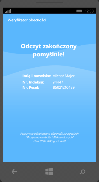 Zrzut ekranu przestawiony na rysunku 3 zachęca do zbliżenia karty w celu potwierdzenia swojej obecności na zajęciach.
