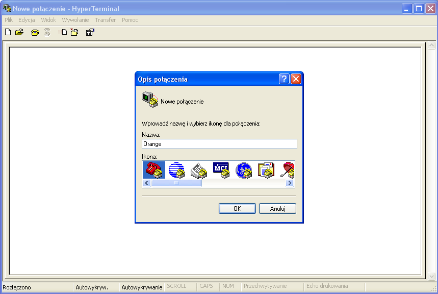 Aby utworzyć nowe połączenie HyperTerminal należy wybrać: Start -> Programy -> Akcesoria ->