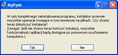 Instalator może wyświetlid komunikat konieczności uruchomienia ponownego komputera po instalacji, chyba że użytkownik zezwoli na zamknięcie