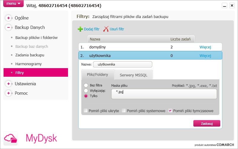 *.jpg Powyższy filtr podczas wysyłania plików uwzględnia wyłącznie pliki graficzne z rozszerzeniem 3.5.