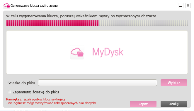 Uwaga: w przypadku utraty klucza szyfrującego, dane nim zaszyfrowane zostaną bezpowrotnie utracone.