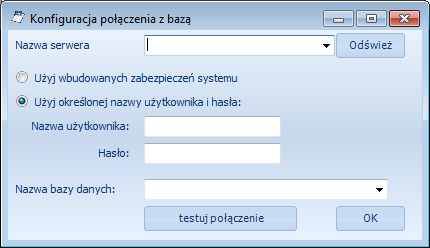 4.1. Nawiązanie połączenia Przy pierwszym uruchomieniu programu należy nawiązać połączenie z bazą danych serwera MS SQL: Nazwa serwera należy wybrać z listy rozwijanej nazwę serwera SQL.
