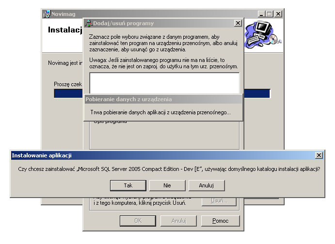 1.2.3 Instalacja na kolektorze Microsoft SQL Server Mobile 2005 Instalacja komponentów SQL Server CE przebiega podobnie jak programu Novimag, z tą różnica, że zalecanym miejscem instalacji jest