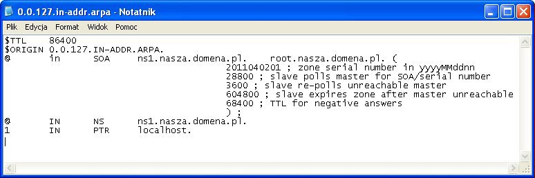 - 8 - Plik zapisujemy w katalogu zones nadając mu nazwę localhost.zone plik zapisujemy w katalogu zones pod nazwą nasza.domena.pl plik zapisujemy w katalogu zones pod nazwą 0.0.127.in-addr.