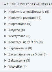 Power Editor Analiza zakładki Zarządzanie Kampaniami Główne opcje filtracji Kampanii, Zestawów reklam.