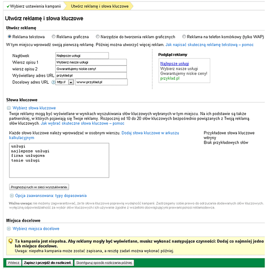 11 Stworzenie reklamy i słów kluczowych. W kolejnym utworzysz swoją pierwszą reklamę tekstową oraz określisz słowa kluczowe, które będą powodowały jej wyświetlenie.