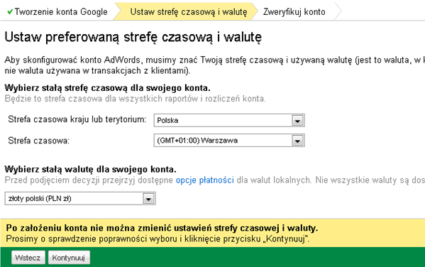 Po kliknięciu przycisku Kontynuuj, Twoje konto zostanie utworzone. Zaloguj się teraz na swoje konto AdWords na stronie https://adwords.google.