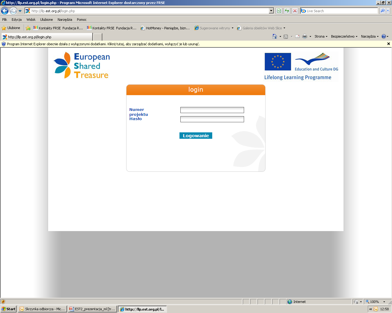 Europejska Baza Produktów strona logowania http://llp.est.org.