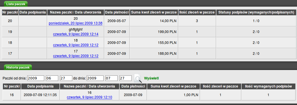 3.10. Lista paczek Ekran podzielony jest na 2 części: Listę paczek, Historię paczek.