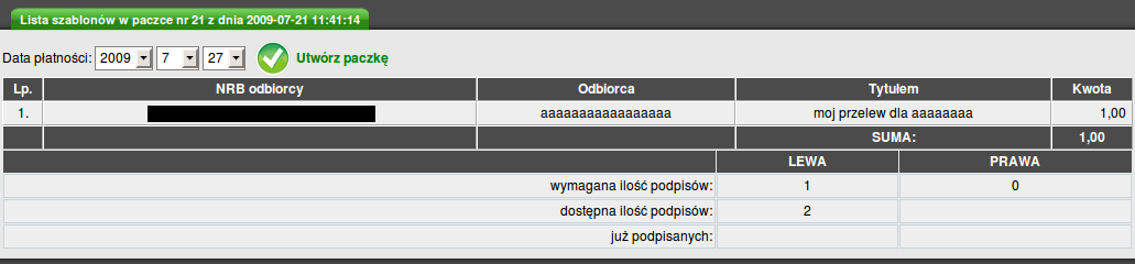 3.11. Szablony paczek Na liście dostępne są szablony paczek utworzone w module Szablony >> Lista szablonów z informacją o sumarycznej kwocie, ilości szablonów w paczce i statusach podpisów.