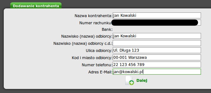 5.2. Dodaj kontrahenta Kontrahenta można dodać na 2 sposoby: Lista kontrahentów >> Dodaj kontrahenta Przy tworzeniu przelewu możemy zapisać odbiorcę jako kontrahenta Dodawanie nowego kontrahenta