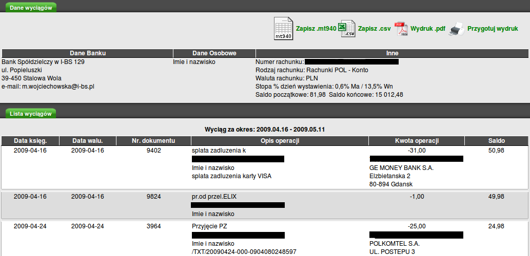 Wyciąg zawiera informacje o rachunku, wybranych datach, listę operacji i podsumowanie o transakcjach uznań i obciążeń w zadanym okresie czasu.