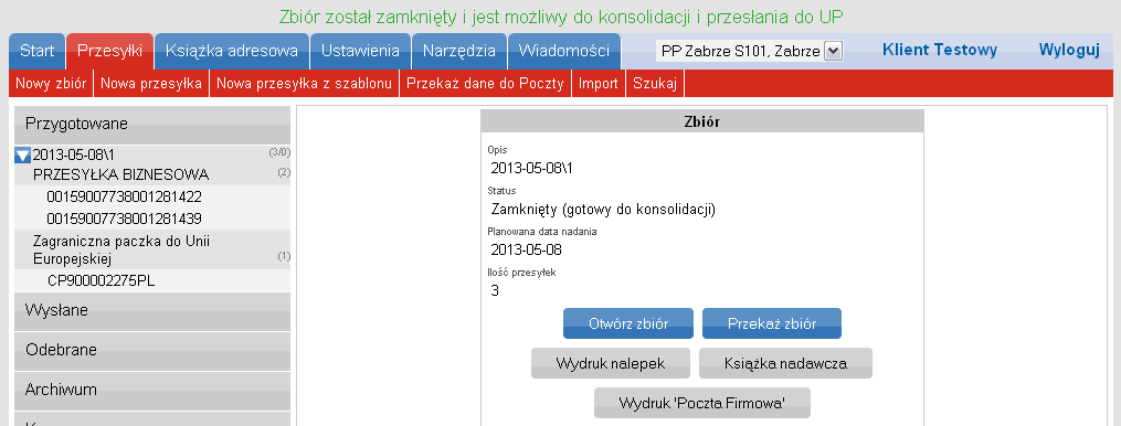 Przesłanie danych do Poczty Jeżeli zakooczyliśmy etap przygotowania przesyłek, wykonaliśmy wydruki i chcemy wysład do Poczty Polskiej S.A.