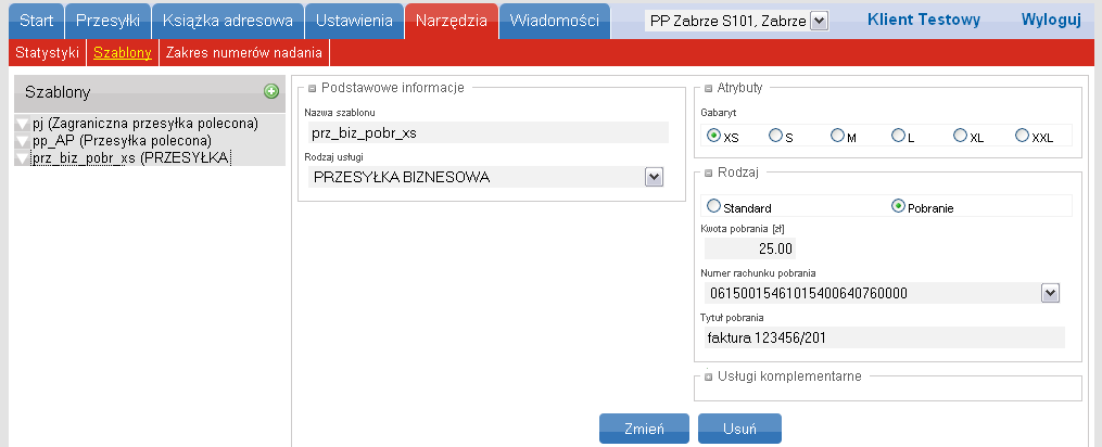 Szablony Przesyłek Istnieje możliwośd korzystania z szablonów przesyłek, które dają możliwośd przygotowywania przesyłki o takich samych parametrach do wielu adresatów jednocześnie.