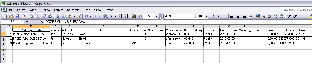 Raporty z nadania przesyłek. System Elektroniczny Nadawca przechowuje informacje o przesyłkach jedynie przez 3 miesiące.