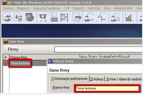 2.2 Konfiguracja dla WF-MAG (zainstalowany na serwerze) 1) "Nazwa firmy w WF-MAG" - nazwa firmy w bazie danych WF-MAG Partnera, dokumenty związane z tą firmą będą wysyłane do BUF.